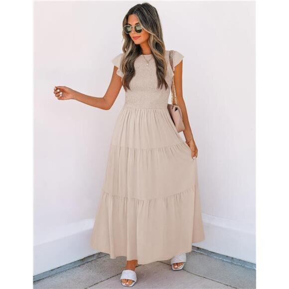 Women's Apricot Summer Casual Flutter Short Sleeve Crew Neck Smocked Maxi Dress - Picture 5 of 6